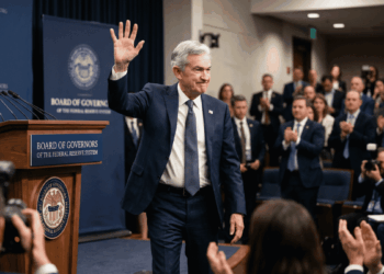 Jerome Powell saludando a periodistas y funcionarios.