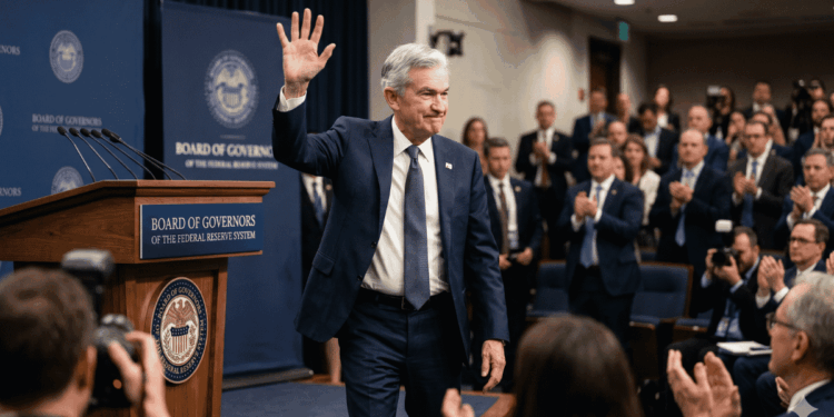 Jerome Powell saludando a periodistas y funcionarios.