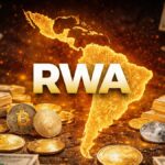 Silueta de Latinoamérica con la palabra RWA y criptomonedas y dinero alrededor.