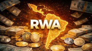 Silueta de Latinoamérica con la palabra RWA y criptomonedas y dinero alrededor.