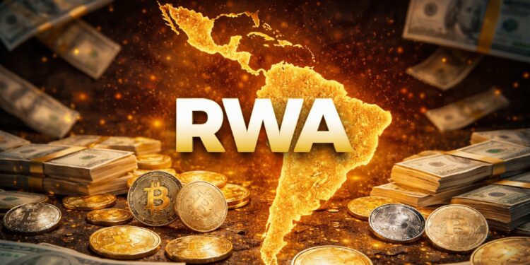 Silueta de Latinoamérica con la palabra RWA y criptomonedas y dinero alrededor.