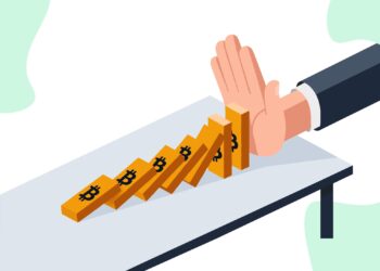 Ilustración de fichas de dominó con el símbolo de Bitcoin cayendo sobre una mesa mientras una mano intenta detenerlas