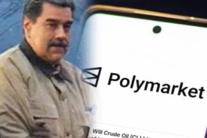 Collage de Nicolรกs Maduro preso y un telefono con el logo de polymarket