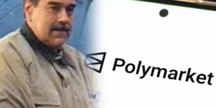 Collage de Nicolás Maduro preso y un telefono con el logo de polymarket