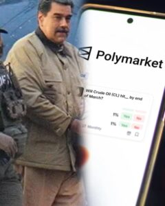 Collage de Nicolás Maduro preso y un telefono con el logo de polymarket