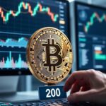 Mano profesional a punto de vender 200 Bitcoin en un escritorio de trading moderno, representando la operación de MARA Holdings.