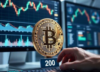 Mano profesional a punto de vender 200 Bitcoin en un escritorio de trading moderno, representando la operación de MARA Holdings.