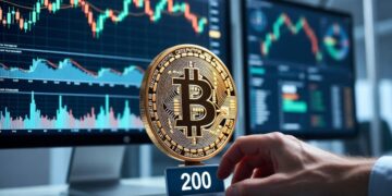 Mano profesional a punto de vender 200 Bitcoin en un escritorio de trading moderno, representando la operación de MARA Holdings.