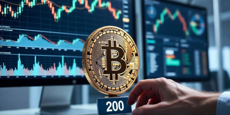 Mano profesional a punto de vender 200 Bitcoin en un escritorio de trading moderno, representando la operación de MARA Holdings.