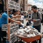 Hombre sonriente cambia Bitcoin en un puesto callejero y recibe una carretilla naranja desbordada de fajos de dólares. Escena realista en una plaza concurrida con letreros de "Cambio Bitcoin".