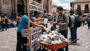 Hombre sonriente cambia Bitcoin en un puesto callejero y recibe una carretilla naranja desbordada de fajos de dólares. Escena realista en una plaza concurrida con letreros de "Cambio Bitcoin".