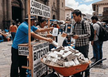Hombre sonriente cambia Bitcoin en un puesto callejero y recibe una carretilla naranja desbordada de fajos de dólares. Escena realista en una plaza concurrida con letreros de "Cambio Bitcoin".
