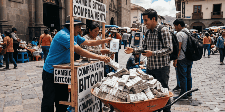 Hombre sonriente cambia Bitcoin en un puesto callejero y recibe una carretilla naranja desbordada de fajos de dólares. Escena realista en una plaza concurrida con letreros de "Cambio Bitcoin".
