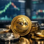 Monedas fรญsicas de la memecoin PEPE sobre escritorio financiero con grรกficos bursรกtiles desenfocados al fondo.