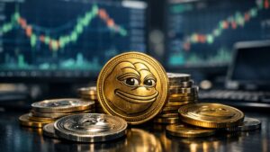 Monedas físicas de la memecoin PEPE sobre escritorio financiero con gráficos bursátiles desenfocados al fondo.