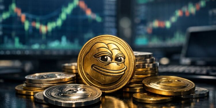 Monedas físicas de la memecoin PEPE sobre escritorio financiero con gráficos bursátiles desenfocados al fondo.