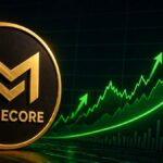 Una moneda física de memecore junto a gráficos de precio.