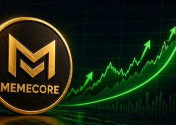 Una moneda física de memecore junto a gráficos de precio.