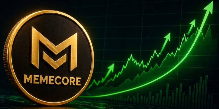 Una moneda física de memecore junto a gráficos de precio.