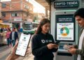 Dos personas intercambian stablecoins con sus teléfonos, se observan en las calles de México