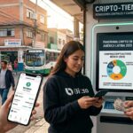 Dos personas intercambian stablecoins con sus teléfonos, se observan en las calles de México