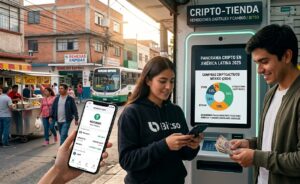 Dos personas intercambian stablecoins con sus teléfonos, se observan en las calles de México