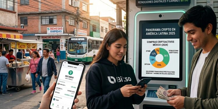 Dos personas intercambian stablecoins con sus teléfonos, se observan en las calles de México