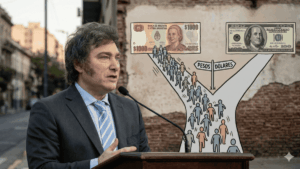 Esta imagen horizontal muestra al presidente de Argentina, Javier Milei, en primer plano con un retrato realista, hablando seriamente detrás de un podio con un micrófono. Viste un traje oscuro, camisa clara y una corbata a rayas celestes y blancas. Detrás de él, sobre una pared de ladrillos, aparece una ilustración esquemática que representa un camino que se bifurca en forma de "Y". En el centro del cruce, un cartel indica hacia la izquierda "PESOS" y hacia la derecha "DÓLARES". El camino de la izquierda lleva a un billete grande de 1000 pesos argentinos, hacia el cual se dirige una multitud de figuras humanas esquematizadas. En contraste, el camino de la derecha, que conduce a un billete de 100 dólares estadounidenses, está completamente vacío, sin ninguna persona.