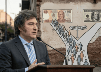 Esta imagen horizontal muestra al presidente de Argentina, Javier Milei, en primer plano con un retrato realista, hablando seriamente detrás de un podio con un micrófono. Viste un traje oscuro, camisa clara y una corbata a rayas celestes y blancas. Detrás de él, sobre una pared de ladrillos, aparece una ilustración esquemática que representa un camino que se bifurca en forma de "Y". En el centro del cruce, un cartel indica hacia la izquierda "PESOS" y hacia la derecha "DÓLARES". El camino de la izquierda lleva a un billete grande de 1000 pesos argentinos, hacia el cual se dirige una multitud de figuras humanas esquematizadas. En contraste, el camino de la derecha, que conduce a un billete de 100 dólares estadounidenses, está completamente vacío, sin ninguna persona.