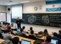 Un salon de clases universitario con la bandera de Argentina, y con un pizarrón que muestra un minero ASIC de bitcoin.