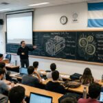 Un salon de clases universitario con la bandera de Argentina, y con un pizarrón que muestra un minero ASIC de bitcoin.
