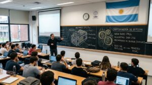 Un salon de clases universitario con la bandera de Argentina, y con un pizarrón que muestra un minero ASIC de bitcoin.