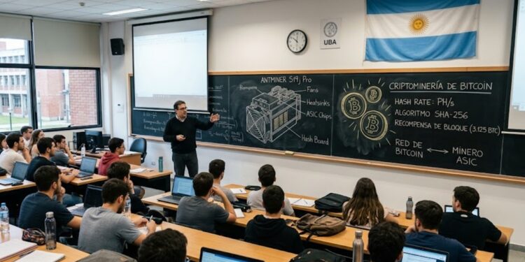 Un salon de clases universitario con la bandera de Argentina, y con un pizarrón que muestra un minero ASIC de bitcoin.