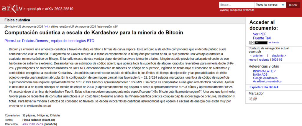 portada de un estudio sobre cuántica y minería de BTC.
