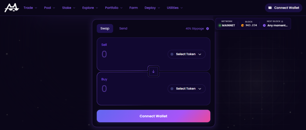 Interfaz de la pagina Motoswap en Bitcoin.