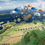 Stablecoins en monedas con paracaídas cayendo sobre el mapa de Venezuela.