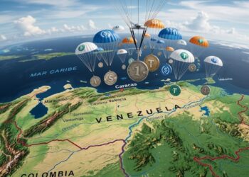 Stablecoins en monedas con paracaídas cayendo sobre el mapa de Venezuela.