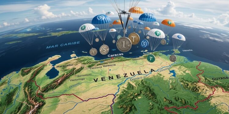 Stablecoins en monedas con paracaídas cayendo sobre el mapa de Venezuela.