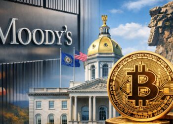 El cartel de Moody's junto a un edificio y a una moneda física de bitcoin.