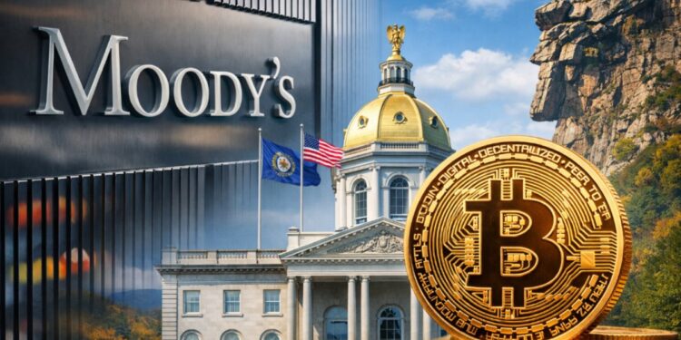 El cartel de Moody's junto a un edificio y a una moneda física de bitcoin.