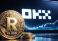 Moneda RLUSD frente a pantalla con logo de OKX y gráfico de criptomonedas en entorno tecnológico.