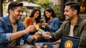 Personas hispanas intercambiando bitcoin de forma directa.