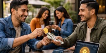 Personas hispanas intercambiando bitcoin de forma directa.