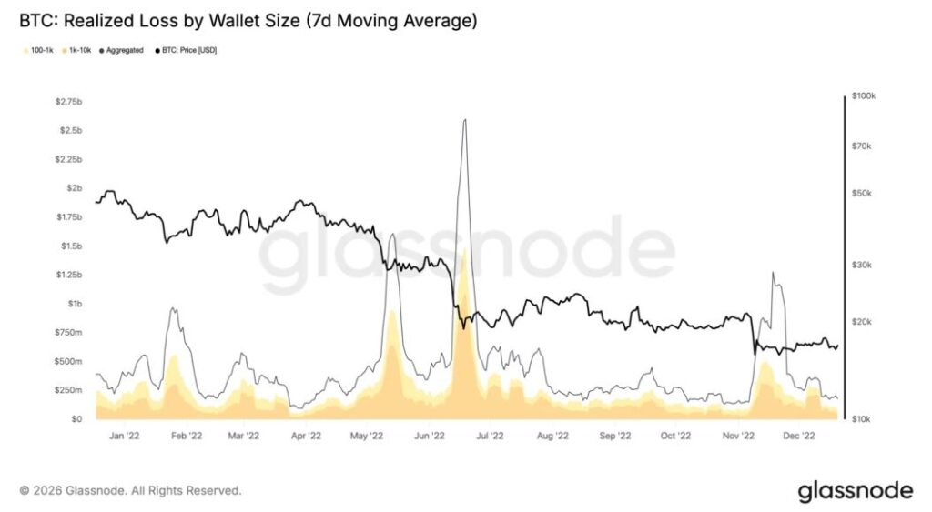 Grรกfico que muestra las perdidas realizadas de bitcoin en 2022.