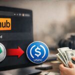 Pantalla de Pornhub mostrando transición de USDT a USDC para pagos a creadores.