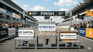 Imagen que ejemplifica la llegada de MetaPlanet al tercer puesto, en una carrera donde aparece Strategy e el primer lugar.