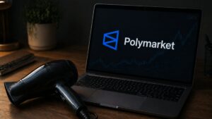 Un secador de pelo junto a una notebook que muestra el logo de Polymarket