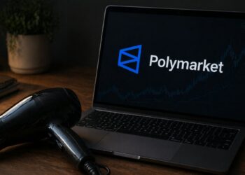 Un secador de pelo junto a una notebook que muestra el logo de Polymarket