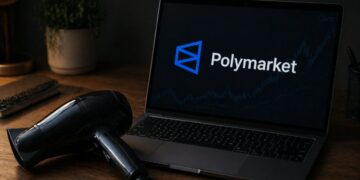 Un secador de pelo junto a una notebook que muestra el logo de Polymarket