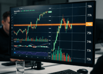 Precio de bitcoin chocando con resistencia de 76k, en un monitor de computadora.